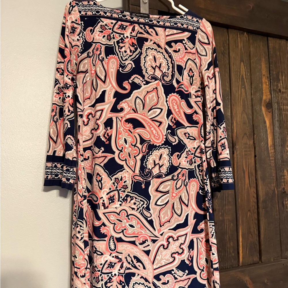INC International Concepts Navy and Pink Paisley Long Sleeve Dress